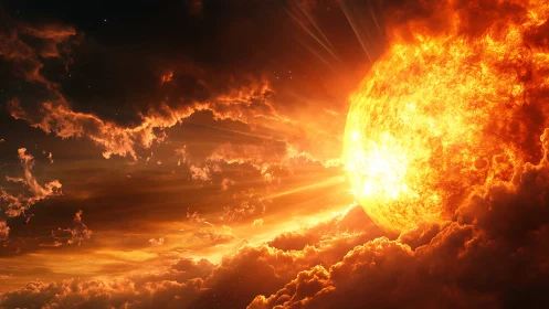Solar titan erupts through storm-torn cosmic cloudscape.