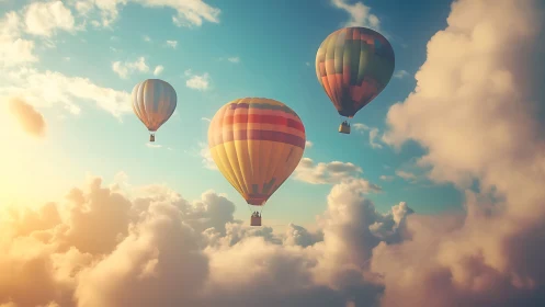 Sunlit hot air balloons drifting high above glowing clouds.