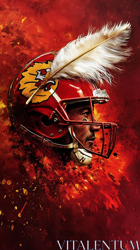 Fiery football warrior with feathered helmet in motion.