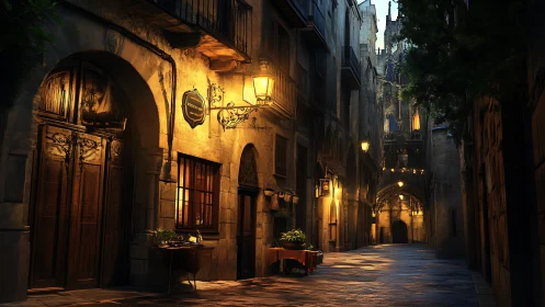 Golden lamplight bathes a quiet medieval European alleyway.