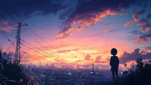 Twilight city horizon observed by silhouetted child figure.