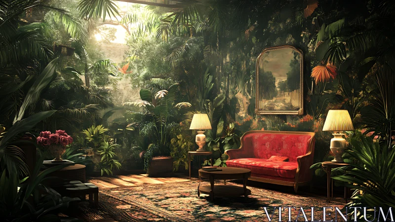 Interior lounge integrated with dense indoor foliage garden.