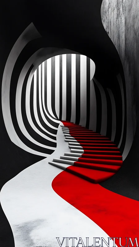 Parametric red staircase in black and white striped tunnel