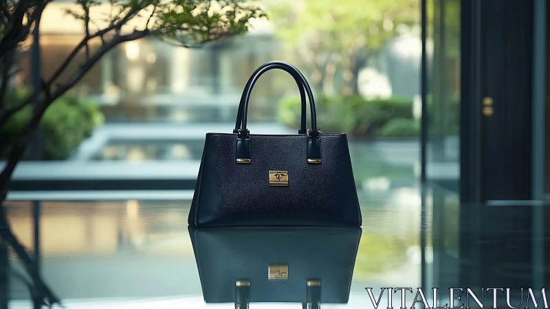 Structured product shot isolates textured leather handbag on glass