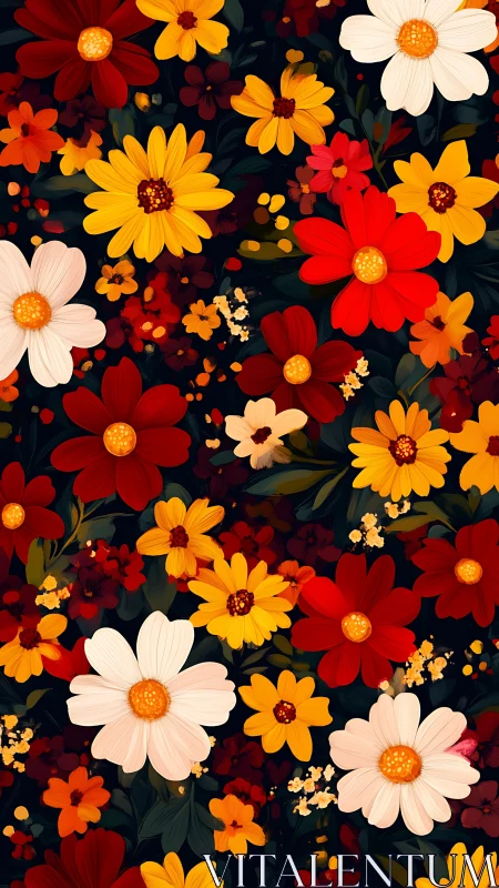 Floral Pattern: Red, Yellow, White Daisy Composition on Dark Background