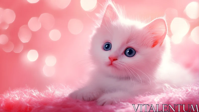 Enchanting White Kitten in Soft Pink Dreamscape.