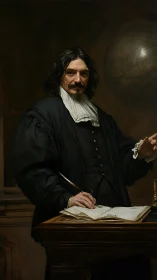 Seated scholar in black robe at writing desk with globe.