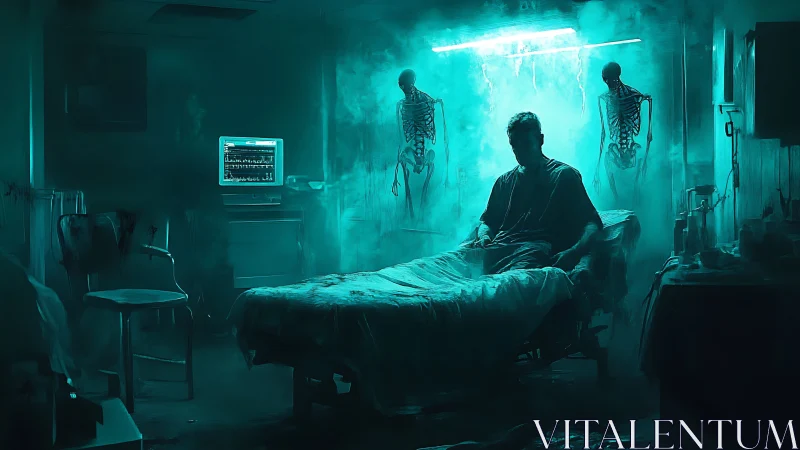 Quiet patient in teal-lit ward with watchful skeleton ghosts.