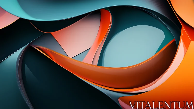 Layered curved 3D forms in teal, orange and coral tones.