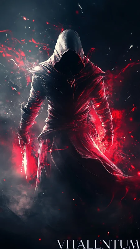 Hooded assassin with glowing red knife in smoky void.
