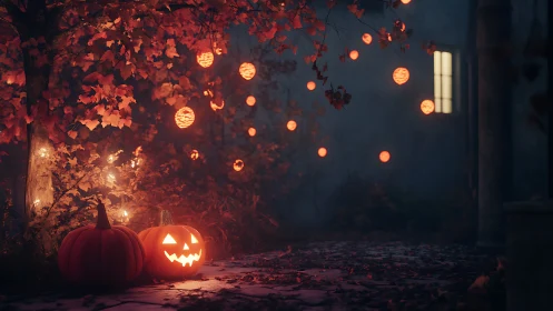 Glowing jack-o-lanterns brighten a misty Halloween garden night