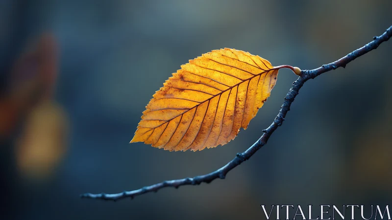 Single golden autumn leaf on branch, macro nature photography.