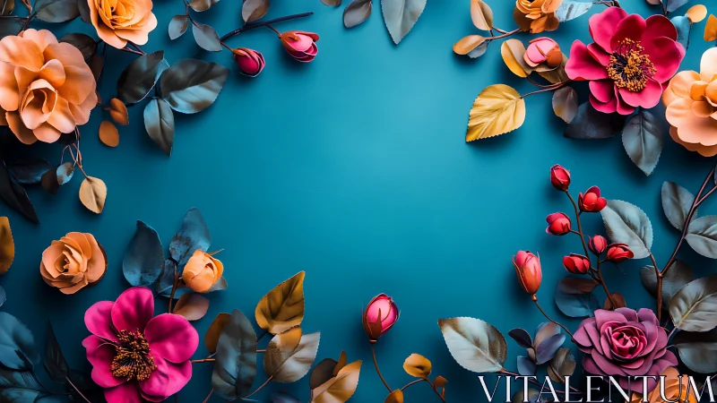 Gradient Teal Floral Composition With Botanical Specimens and Metallic Leaves