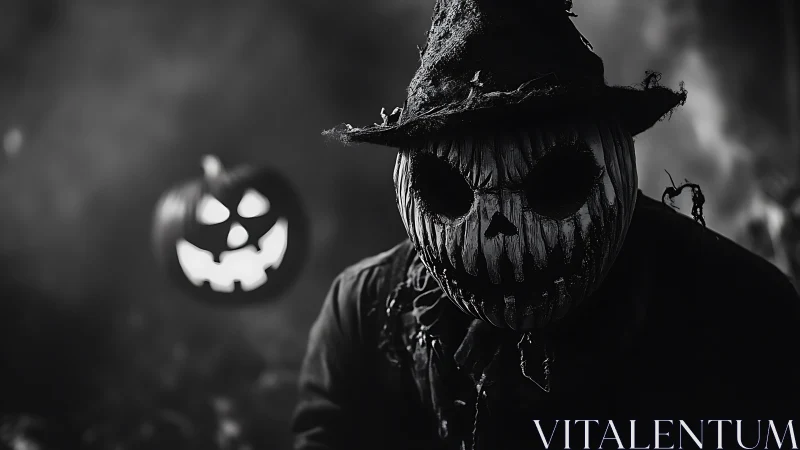 Monochrome scarecrow jack o lantern portrait in dense fog.