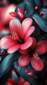 Crimson Petals Bloom: Radiant Floral Symphony in Teal Foliage