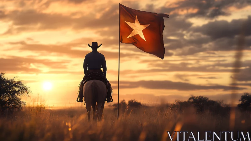 Cowboy rides toward sunset beside lone star flag.