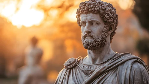 Marble Roman-style statue in warm golden evening light.