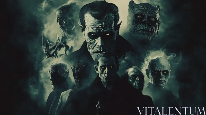 Eerie undead faces emerge from swirling green shadows.