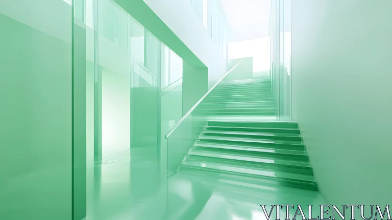 Minimalist green glass staircase in modern architectural space.