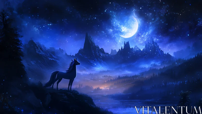 Moonlit stallion overlooking ethereal crystal mountainscape.