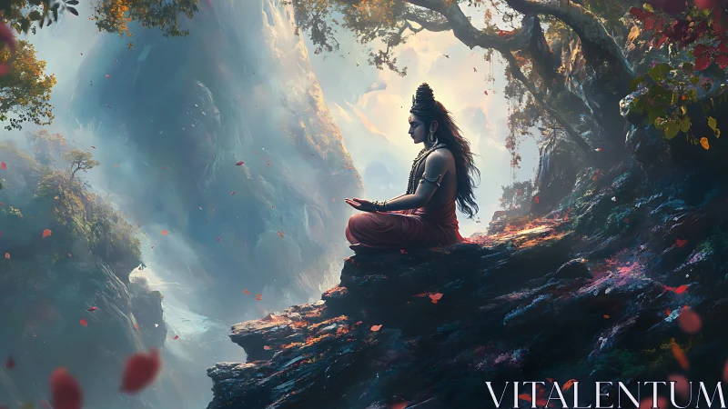 Meditating deity rests on a misty cliff in glowing forest.