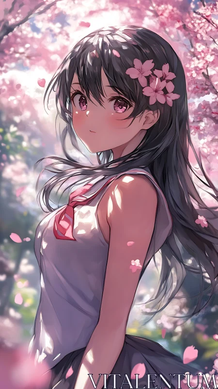 Anime girl under cherry blossoms in soft spring light.
