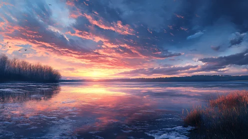Sunset illuminates a reflective lake with sparse shoreline trees