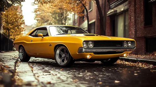 Yellow classic muscle car parked on wet autumn city street