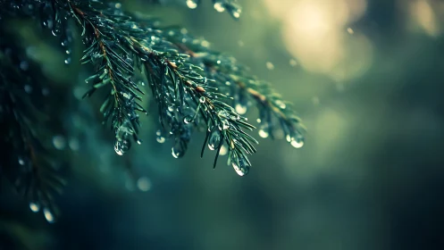 Macro optical study of rain-soaked conifer needles at dusk.