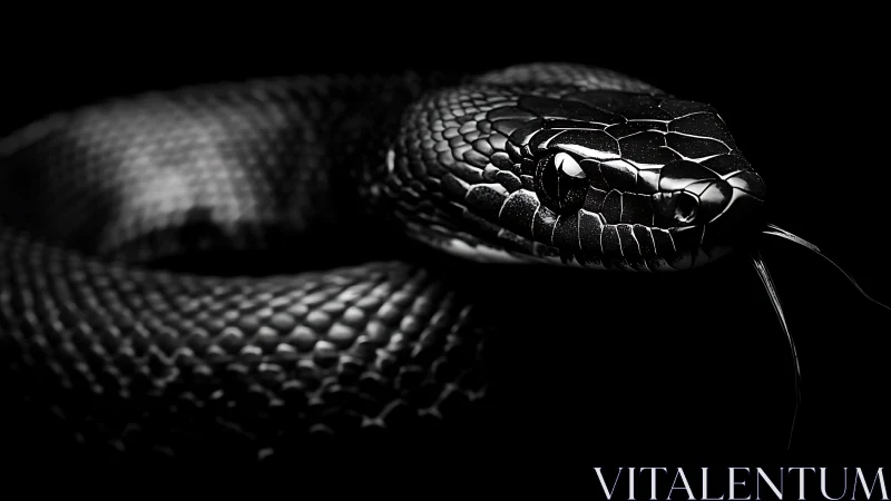 Coiled black snake emerges from darkness in stark contrast.