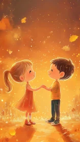 Two Children Holding Hands in Golden Autumn Glow