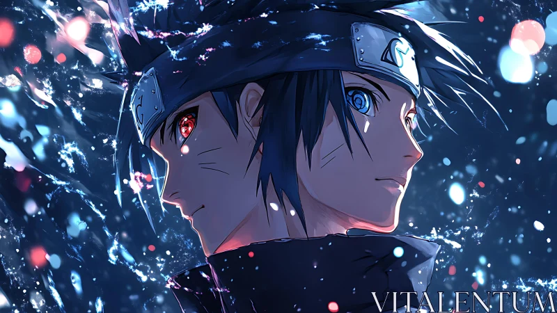 Dual-profile anime ninja with contrasting glowing eyes.