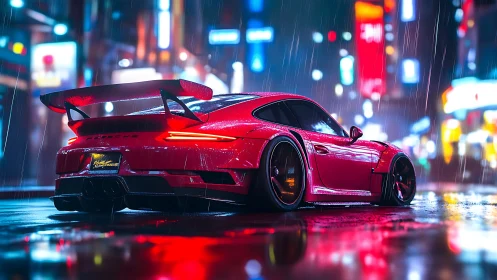 Neon-soaked red sports car idling in a rainy night city.