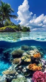 Tropical reef and shoreline with cloud formations above split-frame composition