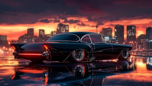 Low-slung neo-retro custom coupe on reflective wet city quay.