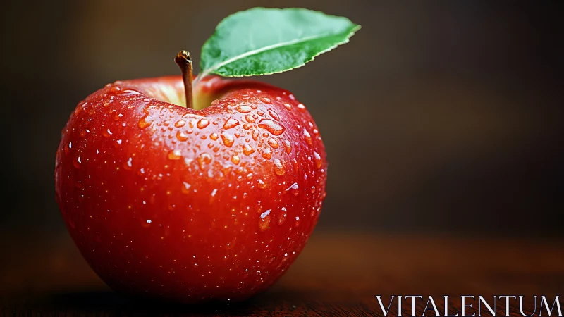 Macro close-up of dewy red apple with green leaf on wood