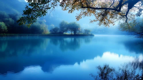 Soft morning light drifts across a tranquil blue lakeshore