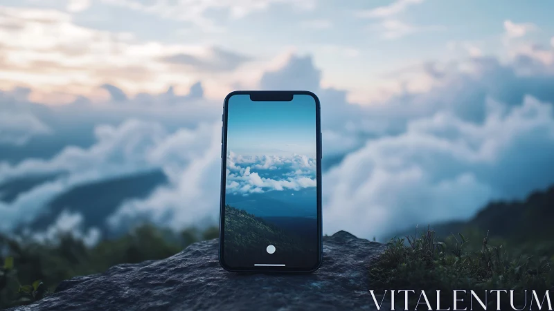 Smartphone displaying aerial cloud landscape view on mountain