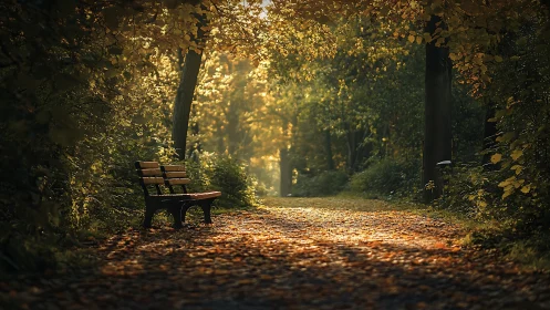 Wooden Bench in Autumn Forest Path.
