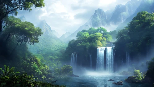 Misty emerald valley with cascading multi-tier waterfall.