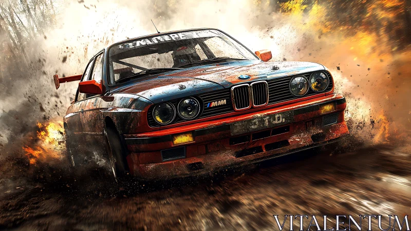 Rally car powers through mud with dramatic flying debris.