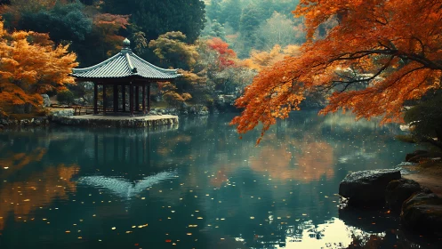 Autumn lakeside pavilion with specular reflections and foliage.