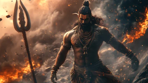 Mythic warrior strides through volcanic inferno in dynamic digital art