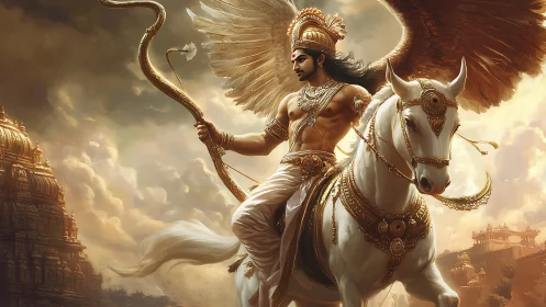 Winged warrior prince riding a radiant celestial steed.