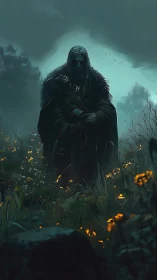 Ancient cloaked warrior in misty meadow at dusk.