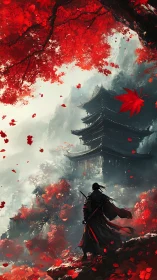 Lone wanderer beneath crimson leaves and misty temple spires.