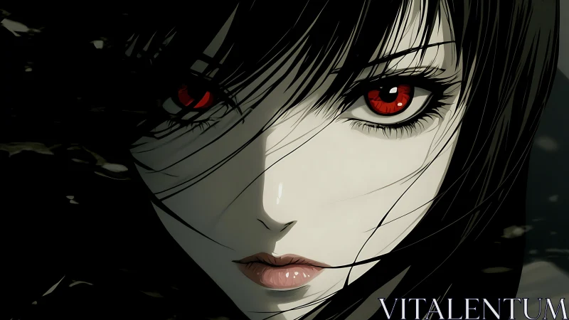 Crimson gaze in moonlit shadow, an obsidian-hearted stare.