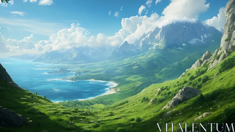 Alpine Valley Coastal Panorama with Snow-Capped Peaks.