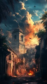 Sunset storm over a crumbling bell tower street scene.