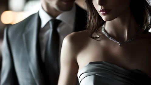 Elegant couple in eveningwear rendered with soft cinematic lighting